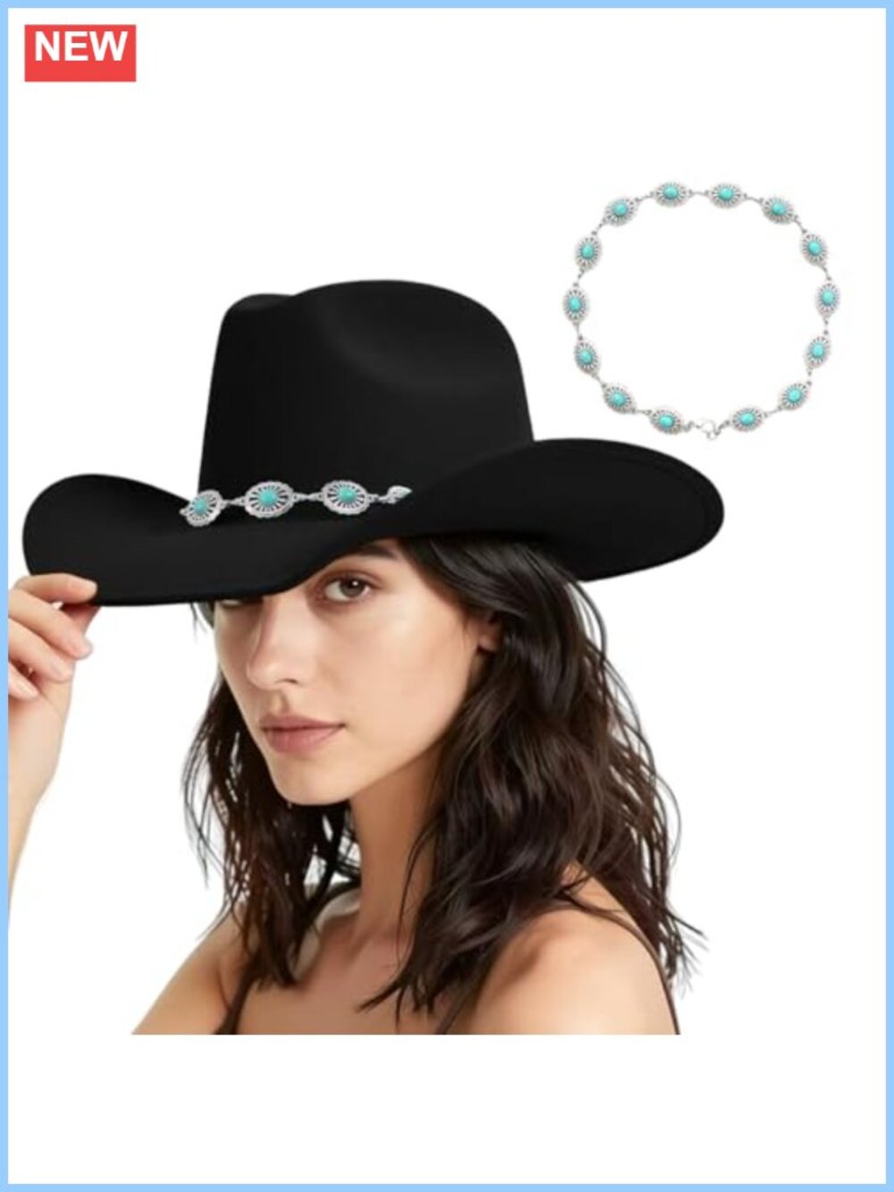 Felt Western Cowboy Hat Adjustable Turquoise Chain Band Wide Brim Unisex